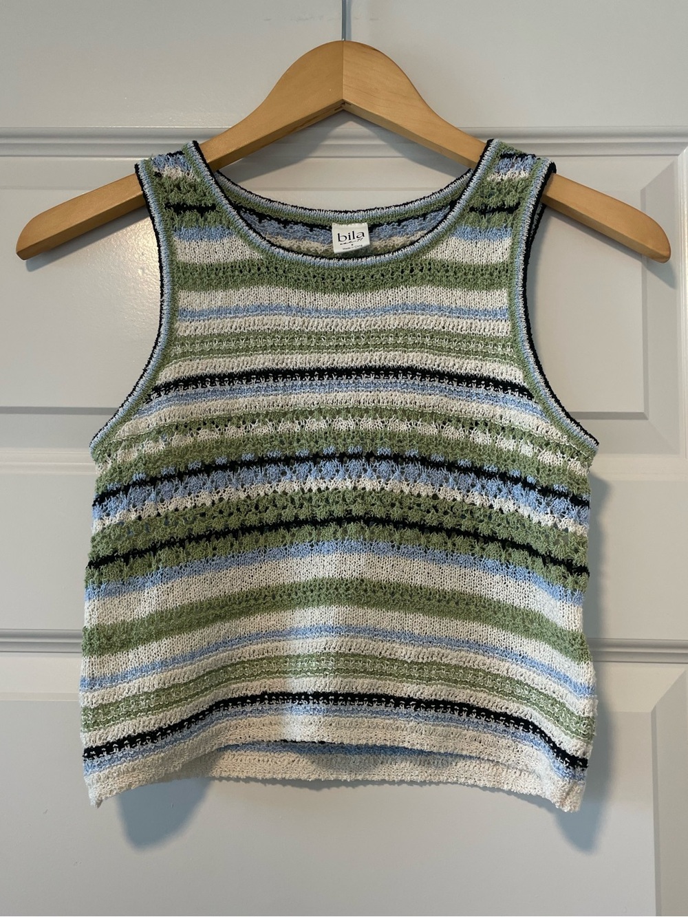 Bila-77 Striped Open Knit Sleeveless Sweater Tank in Blue & Green